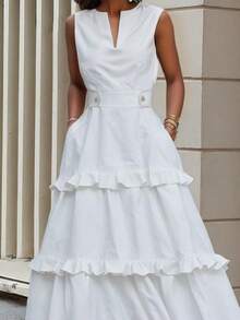 Women's Summer Clothes Sleeveless Cotton Dresses For Women Loose V-Neck Ruffled Tiered Wedding Guest Dress Women With Pockets High Waisted Buttoned Plus Size Dresses - White - View 2
