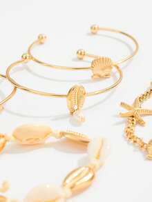 5pcs/Set Bohemian Starfish & Shell Bracelet & Bangle Set, Women Beach Jewelry - Yellow Gold - View 2