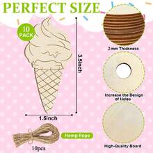 10 件冰淇淋工艺品木制未完成冰淇淋挂件散装木制切口可用于 DIY 空白木质挂饰