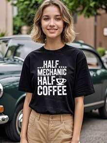 Camisetas, camisas para mujer, camisas 100% algodón para mujer, regalos para el día de la madre para S-2XL, regalos de cumpleaños para mujer, camiseta mitad mecánica mitad café,Camiseta de mecánico, camiseta de mecánico diésel, camiseta mitad mecánico mitad café - Negro - Ver 1