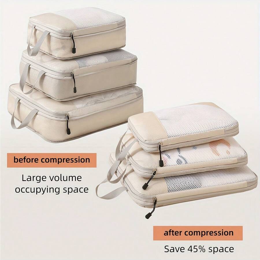 Travel Accessories Must Have - 3 Set Compression Packing Cubes For Travel, Travel Bags Luggage Organizers - Made Of Polyester, Hand Wash - Beige Color - View 1