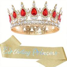 Perlengkapan Pesta Ulang Tahun Bling Rhinestones Mahkota Tiara Emas Selempang Putri Ulang Tahun untuk Wanita Aksesori Rambut Selamat Ulang Tahun Hadiah Prom Dekorasi - MultiWarna - View 5