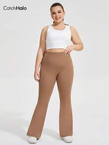 Catch Halo 4-Way Stretch Plus Size Flared Workout Leggings - Tummy Control High Waist & Booty Lifting Yoga Pants For Curvy Women | Breathable Quick-Dry Fabric For Workout, Gym, Yoga, Pilate (Khaki, 0XL~4XL)