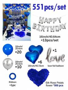 551pcs Blue & Silver Birthday Balloon Kit, 500pcs Non-Woven Fabric Petals, Happy Birthday Banner Letters + Heart Foil Balloons, Dark Aesthetic Party Backdrop, Suitable For Romantic Bedroom Decor, Midnight Surprise Birthday Party Decoration - Multicolor - View 9