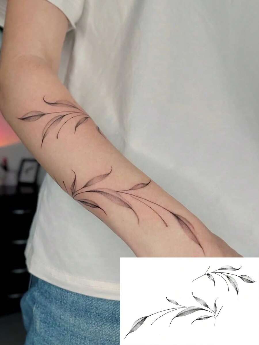 1pc Washable Temporary Tattoo Sheet, PVC, Green Leaf Vine Floral Pattern, Waterproof Sweatproof, Suitable For Fashionable People - Black - View 1