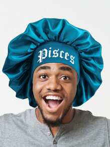 1pc Men Satin Sleep Bonnet - Soft Hair Protection Cap With Wide Band For Nighttime & Daily Use, Black With White Print, Hair Bonnet For Sleeping