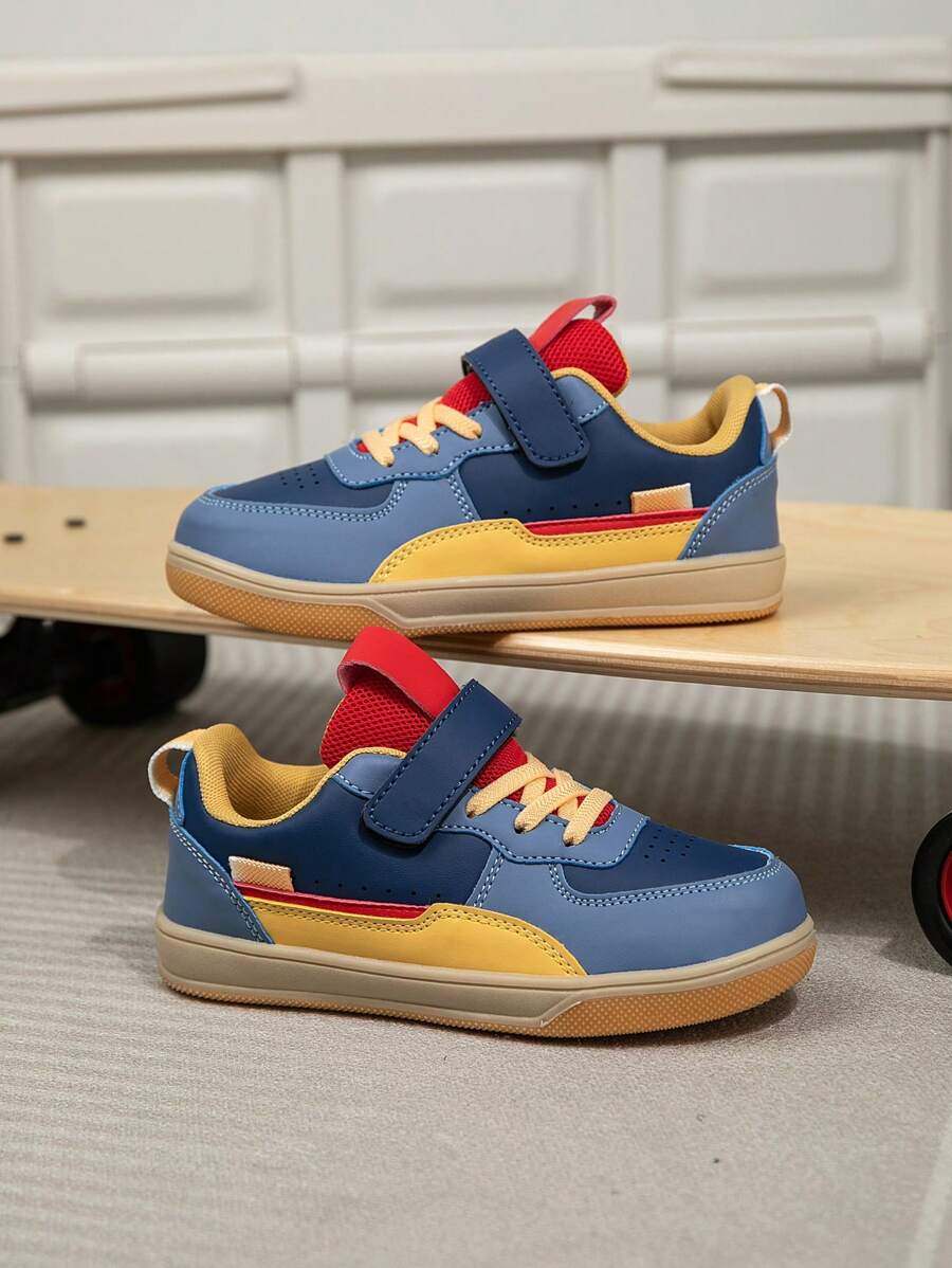 1 Pair Children's Mid-Top Sports Shoes, PU Leather Casual Running Shoes, Easy Slip-On , Lightweight Non-Slip Breathable Comfortable, Fashion Patchwork Color, Suitable For Boys And Girls - Blue - View 1