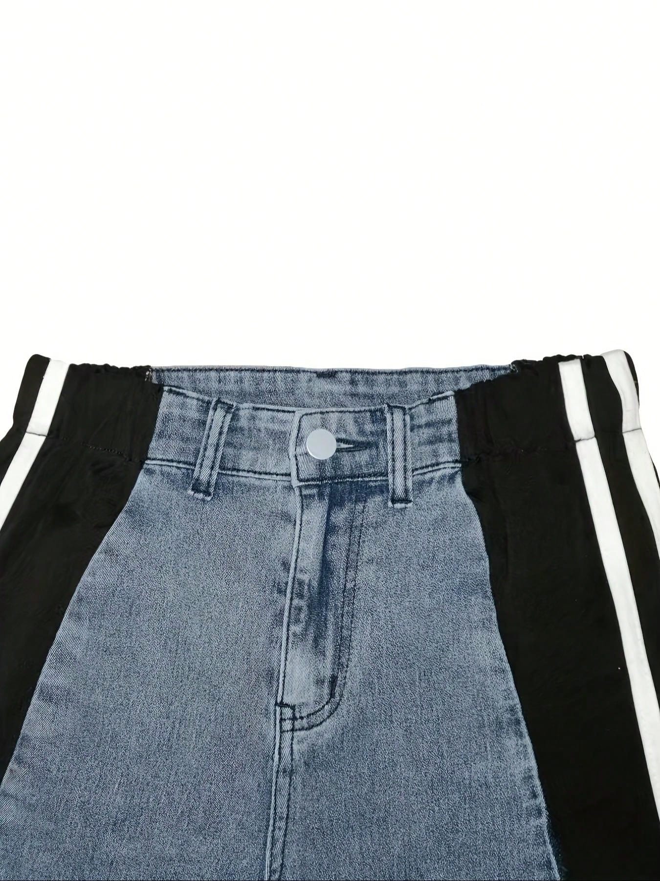 سروال نسائي عريض الساق بتصميم خطوط ملونة معلقة، بخ...