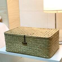 Natural Woven Storage Box With Lid, Handmade Textured, Rustic, Includes Wooden Cover For Dust Protection And Privacy, Large Capacity For Storing Underwear, Stationery, Suitable For Bedroom, Living Room, Creates A Pastoral Ambiance. Natural Material, And Durable, Keeps Desktops/Closets Tidy, Practical And Decorative Storage Solution