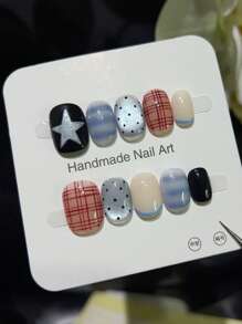 10 片杏仁形按压指甲法式手工制作简约时尚星形格纹清新猫眼，全覆盖易粘贴设计，适合女性海滩度假和派对 - Model Xs 美甲用品
