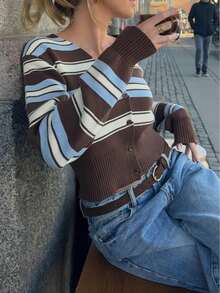 Senya 秋冬新款 V 领复古条纹撞色长袖前开襟针织开衫，女士时尚宽松毕业季开衫 - 彩色 - 查看 1