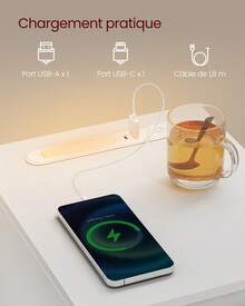 VASAGLE Table de Chevet Étroite, Table d'Appoint, avec Éclairage LED, 1 Port USB-A, 1 Port USB-C, Tiroir et Compartiment Ouvert, pour Chambre, Salon, Blanc Nuage - Blanc - Voir 3