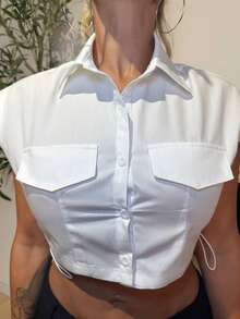 Manon Tanti Flap Detail Drawstring Side Crop White Shirt - White - View 5