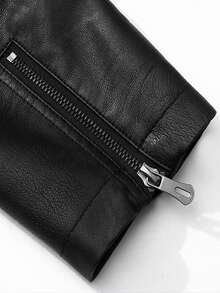 加大码男士长袖前拉链口袋皮夹克，秋冬保暖加厚外套，男士皮质冬装，大码男款 - 黑色 - 查看 8