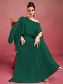 Women's Solid Color Long Elegant Dress With Studded Cape Shoulder, Open Shoulder - Dark Green - View 6