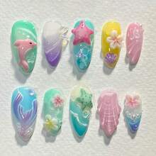 M30Pcs Summer Pr On Nails Almond Short Fake Nails With Cute Dolphin Mermaid Designs 3D Flower Starfish False Nails Colorful Summer Sea Theme Stick On Nails Acrylic Nails For Women Beach Vacation8001 - 彩色 - 查看 1