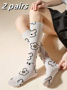 1/2 双女士 50D 花朵图案小腿袜，性感薄款 JK 及膝袜，夏季薄款丝袜，中长袜，水手袜，熊图案可爱时尚袜子，适合日常穿着，适合送礼