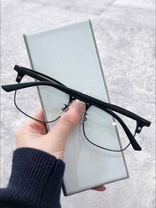 1 Pair Of High-Definition Anti Blue Light Glasses, Retro Men's Transparent Lens Glasses, Fashionable Half Frame Flat Light Glasses - 黑色 - 查看 6