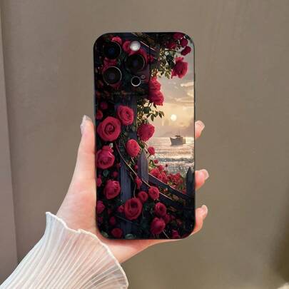 حالة هاتف TPU ناعمة مطفية بطبعة وردة سوداء وحمراء جميلة متوافقة مع 11/12/13/14 Pro Max، 15 Plus، 16 Pro، S25 Ultra، S24 Plus، S23 FE، S22، A55، A54، A53، A06، A05S، A15، A14، A35 مقاومة للماء والصدمات ومقاومة للخدش