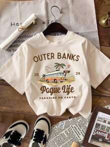 1pc Island Graphic Casual Fitted Plus Size Women Sleepwear T-Shirt