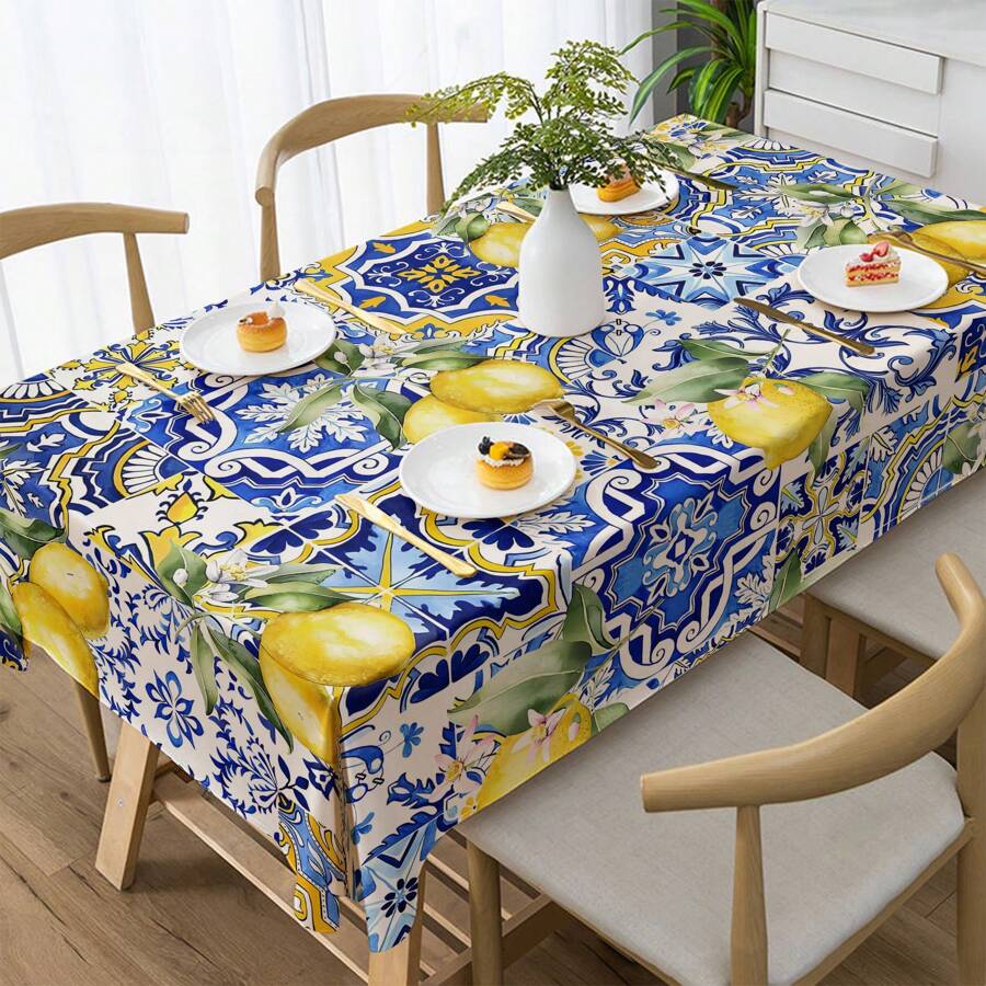 1 pieza Mantel de poliéster con patrón de azulejos cerámicos de limón vibrante y azul - Excelente para fiestas de verano, cumpleaños, decoración del hogar, dormitorio, decoración de cocina con limones