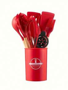 Juego de 14 utensilios de cocina con mangos de madera, que incluye espátula, cuchara y pincel para aceite con recipiente de almacenamiento. Utensilios resistentes al calor ideales para cocinar y hornear en el hogar. - Multicolor - Ver 11