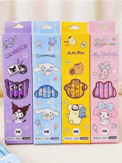 Sanrio 1/2 صندوق أقلام رصاص ملونة مع ممحاة بأشكال كارتونية عشوائية من هيلو كيتي وكورومي وسينامورول وماي ميلودي، لوازم مدرسية ولوازم فنية، هدية للعودة إلى المدرسة (بعض الأجزاء قد تكون عشوائية)