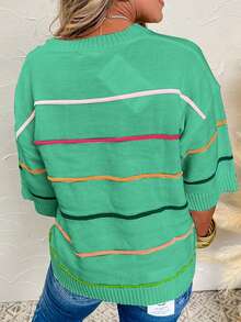 Acelitt Four Season Applicable Color Blocked Striped Seven Quarter Sleeve Off Shoulder Ribbed Round Neck Casual Knitted Top