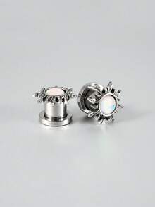 1Pair Retro Shiny White Flash Sun Saddle Ear Plugs Tunnels Stainless Steel Pulley Thread Ear Strengther Gauge Expander Weight Piercing Body Jewelry - 1 Pair Of White Flash Sun Ear Expansion - View 12