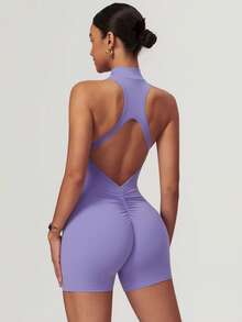 MASKERT Combinaison de yoga pour femmes, combinaison de sport à manches courtes pour l'exercice, combinaison séchage rapide à haute élasticité, combinaison gaine pour l'été - Prune - Voir 5