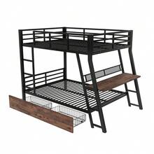 Sairedel Loft Bed, 140 X 200 Cm, Iron Frame, LED Strip, Drawers, Railing, Stairs, Desk, Without Mattress, Black