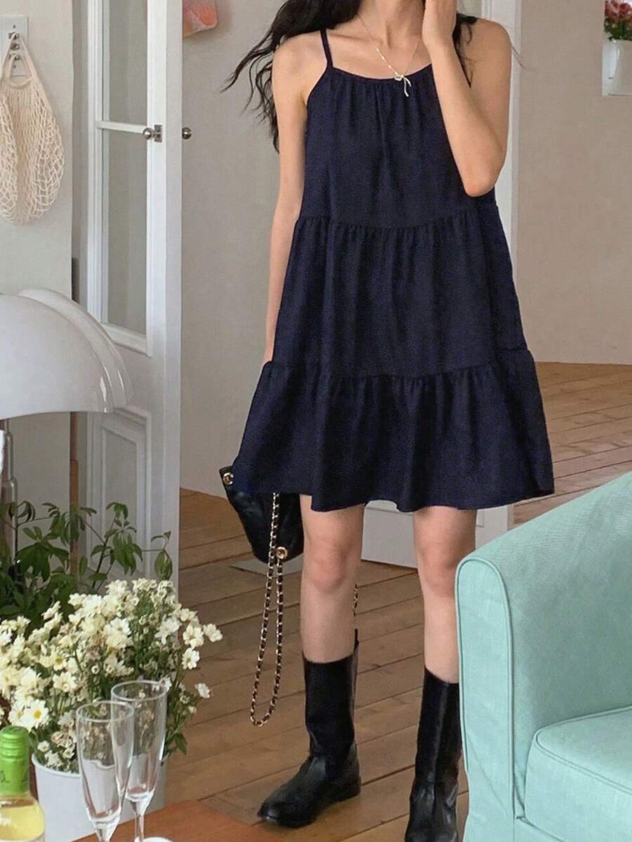 2025 夏季法式复古层叠荷叶边下摆休闲宽松 A 字形吊带连衣裙，女士时尚套装 - 藏蓝色 - 查看 1