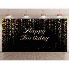1pc Luxury Black Gold Happy Birthday Background Banner, Gold And Black Birthday Party Design, Suitable For Birthday And Party Decorations, Indoor/Outdoor Party Polyester Photographic Background