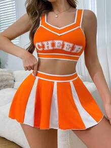 女士清新蓝+白啦啦队制服性感印花胸罩和裙子套装 - 橘色 - 查看 3
