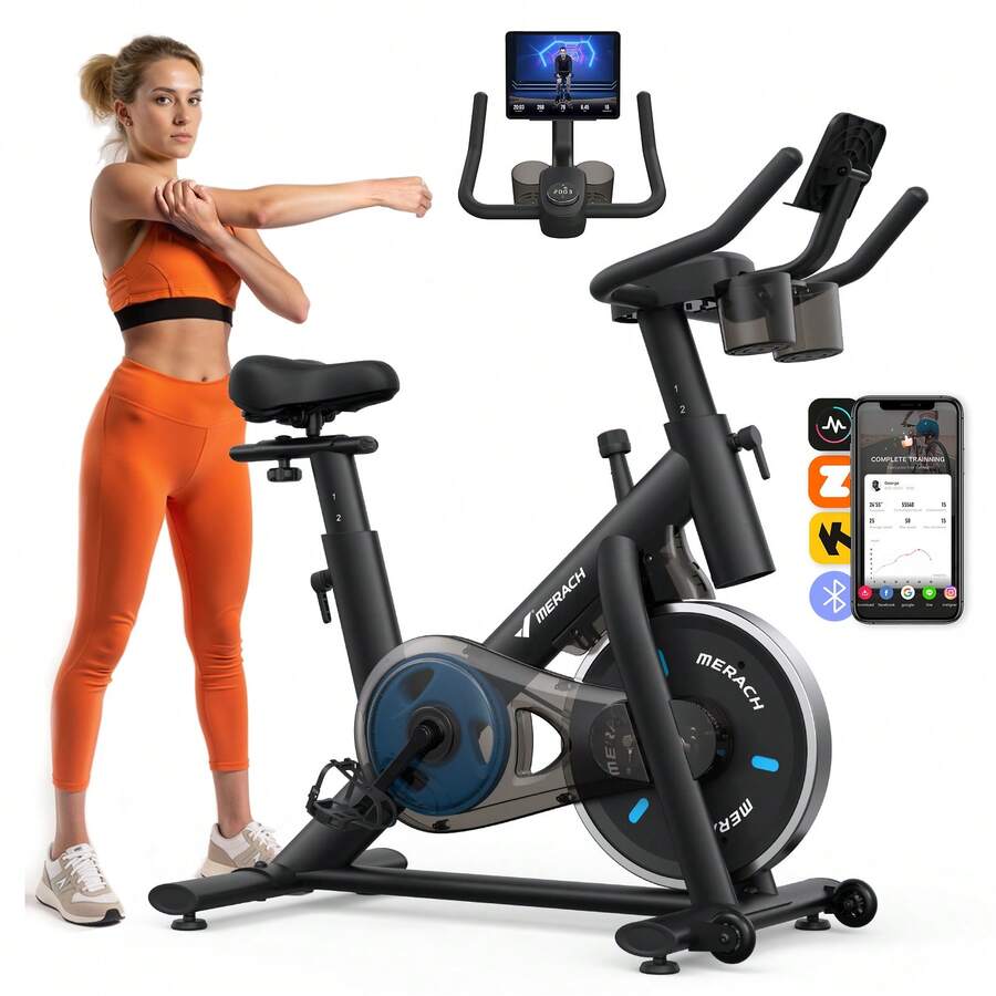 MERACH Exercise Bike, Brake Pad/Magnetic Stationary Bike With Exclusive App, Low Noise Indoor Cycling Bike With 300lbs Weight Capacity, Dumbbell Rack And Free Fitness Courses - Ma sát-Đen - Xem 1