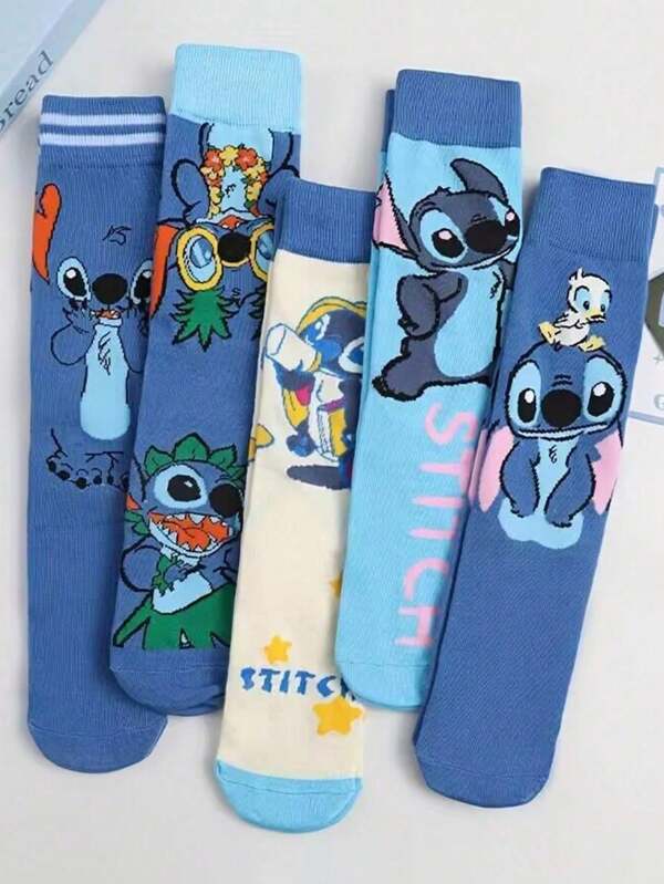 Disney 5 pares aleatorios de calcetines altos hasta la rodilla casuales y versátiles con lindos diseños de dibujos animados de Stitch, aptos para uso diario