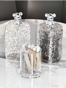 1pc Compact Chic Luxury Transparent Gray Bear Design Cleaning Swab Holder Box, Multi-Purpose High-End Creative Living Room Toothpick/Swab Storage Box, Delicate And Lightweight - Multicolor - View 3