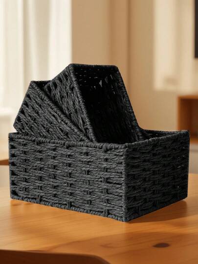 1 peça/3 peças (P+M+G) Cesta de vime para mesa, maquiagem, chaves, bandeja para lanches, cesta de vime para sala de estar, organizador de mesa feito à mão para quarto, sala de estar, escritório e escritório, cesta de decoração para casa, presente ideal (preto)