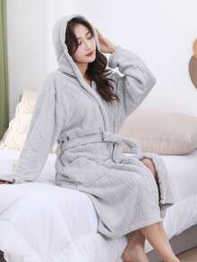 1pc Coral Fleece 3D Striped Hooded Bathrobe, Loungewear, Spa, Sauna, Swimming, Gift - Pink - View 15