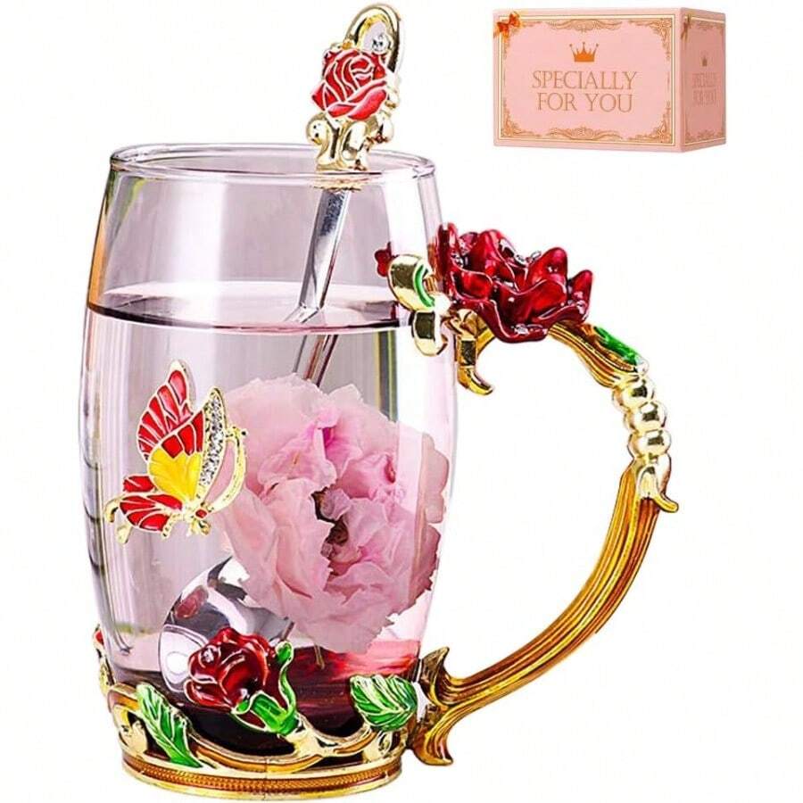 1. Special Occasion Gifts For Her 2. Enamel Butterfly Flower Glass Tea Cup Rose Red Coffee Mug 3. Mother's Day Presents For Mom Grandma Wife Female Friends - 玫瑰紅 - 查看 1