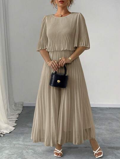 女士优雅纯色圆领蝙蝠袖雪纺褶皱连衣裙，夏季