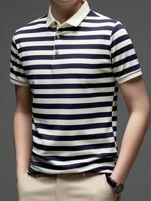 Knitted Men's Striped Polo Shirt - Fashionable & Comfortable - Knitted - Navy Blue - View 5