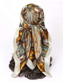1pc Ladies' Paisley Print Head Scarf, Fashion Satin Square Scarf Suitable For Party And Daily Wear, Can Be Used As A Headwrap, Bandana, Or Bandana Top Bandana,Hair Band,Head Band Ideal For Dressing Up Your Look - Beige - View 1
