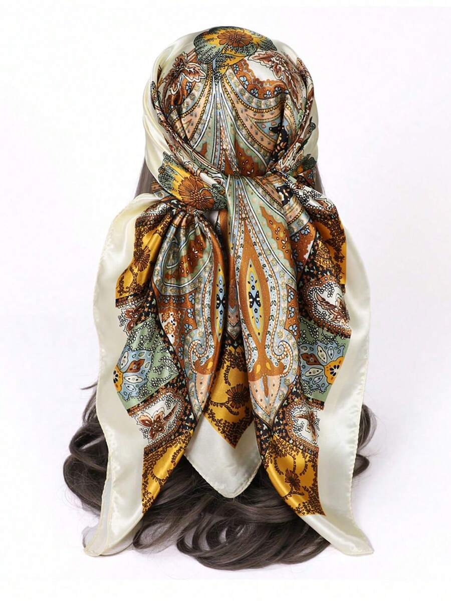 1pc Ladies' Paisley Print Head Scarf, Fashion Satin Square Scarf Suitable For Party And Daily Wear, Can Be Used As A Headwrap, Bandana, Or Bandana Top Bandana,Hair Band,Head Band Ideal For Dressing Up Your Look - Beige - View 1