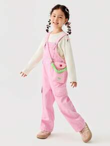 mini bala 女童柔软牛仔背带裤2025春季甜美休闲裤 - 粉紅色調 - 查看 2