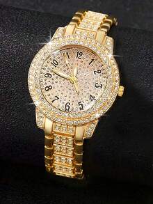 2PCS Fashionable Gold Diamond-Studded Quartz Watch & Cuban Chain Bracelet Set, Party & Birthday Gift - Gold - View 2