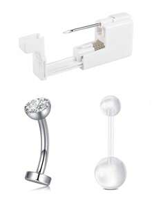 3Pcs Belly Button Piercing Kit Gun, Professional Body Piercing Kit, Belly Button Piercing Gun Navel Piercing Kit For Women, Disposable Belly Piercing Gun At Home With Belly Button Rings