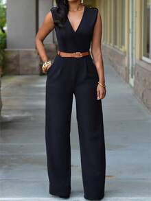 女式高腰 V 领阔腿连体裤，配不对称设计和腰带 - 黑色 - 查看 3