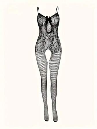 1pc Women's Sexy Crotchless Bodysuit With Bowknot Detail - High Elasticity Lace & Mesh Lingerie, Seamless Comfort For Intimate Occasions, Special Occasion Wear | Elegant Sensualwear | Highelasticity Material