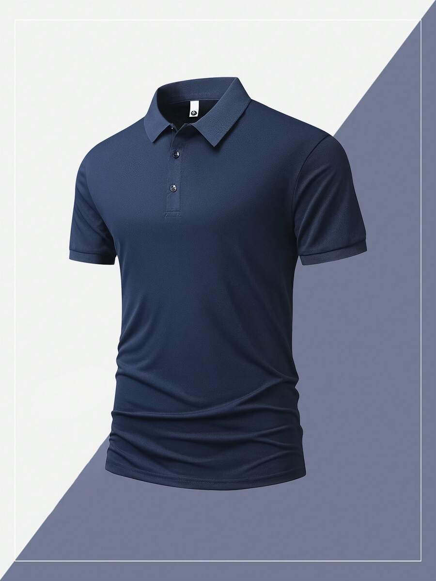 Men's Solid Color Breathable Fashion Casual Business Running Fitness Elastic Polo Shirt, Boyfriend Style Summer - Navy Blue - View 1